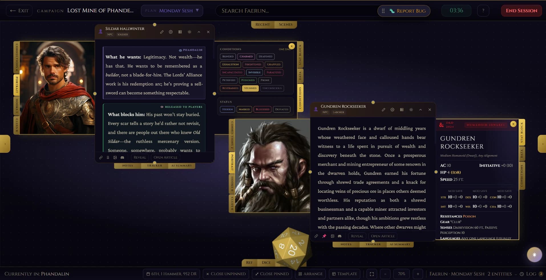 Skryrún GM Session Mode — NPC cards, dice roller, D&D stat block, and encounter tracker on one screen