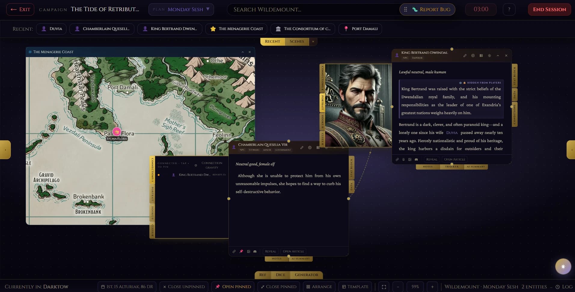 The Skryrún GM screen with a map and session references.